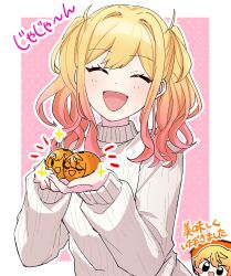 Rule 34 | 1boy, 1girl, absurdres, blonde hair, blush, closed eyes, commentary request, food, fruit, gradient hair, highres, holding, holding food, holding fruit, long hair, long sleeves, mandarin orange, multicolored hair, notice lines, open mouth, pink hair, project sekai, ribbed sweater, sidelocks, smile, sparkle, sweater, taro14 tea, tenma saki, tenma tsukasa, translation request, twintails, upper body, white sweater, yellow eyes