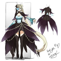 Rule 34 | 1girl, absurdly long hair, black thighhighs, blonde hair, blue eyes, breasts, bug, butterfly, character request, character sheet, choker, cleavage, cloud kingdom, detached sleeves, eyepatch, female focus, flower eyepatch, full body, insect, large breasts, long hair, multiple views, original, pas (paxiti), showgirl skirt, thighhighs, turnaround, twintails, very long hair