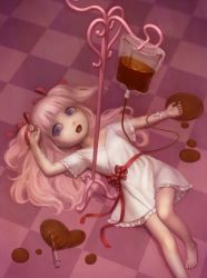 Rule 34 | 1girl, :d, barefoot, checkered floor, chocolate, daiyou-uonome, dress, female focus, hair ribbon, intravenous drip, lying, on back, open mouth, original, pink hair, purple eyes, ribbon, smile, solo, syringe, two side up, valentine, white dress