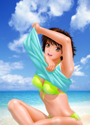 Rule 34 | 1girl, arm up, armpits, beach, bikini, bikini under clothes, boku no futatsu no tsubasa, bow, bow bikini, breasts, brown eyes, brown hair, cleavage, clothes lift, cloud, day, dress, dress lift, eyelashes, from side, front-tie top, green bikini, halterneck, head tilt, highres, ishimaru hiromi, leaning forward, lifted by self, lips, lipstick, looking at viewer, makeup, medium breasts, messy hair, navel, open mouth, original, outdoors, photo background, short hair, sitting, sky, smile, solo, stomach, swimsuit, tan, teeth, undressing, upper teeth only, water, yui toshiki