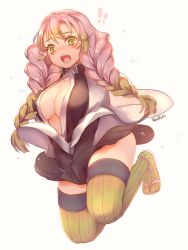 Rule 34 | !, !!, 1girl, absurdres, artist name, black jacket, black skirt, blonde hair, blush, braid, breasts, buttons, cleavage, collarbone, collared shirt, covering privates, covering crotch, crying, embarrassed, eyelashes, flying teardrops, full body, green eyes, green hair, green thighhighs, hair between eyes, haori, highres, jacket, japanese clothes, kanroji mitsuri, kimetsu no yaiba, large breasts, long hair, long sleeves, looking at viewer, military, military uniform, miniskirt, mole, mole under eye, multicolored hair, no bra, nose blush, open clothes, open jacket, open mouth, open shirt, pink hair, ribbed legwear, round teeth, sandals, shirt, simple background, skirt, skirt tug, solo, teeth, thighhighs, thighs, tongue, twin braids, unbuttoned, unbuttoned shirt, uniform, white background, white shirt, wind, wind lift, yumyum