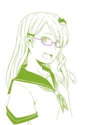 Rule 34 | 1girl, alternate costume, bespectacled, contemporary, frog hair ornament, glasses, green theme, hair ornament, kawashina (momen silicon), kochiya sanae, long hair, looking at viewer, monochrome, open mouth, school uniform, serafuku, simple background, smile, snake, snake hair ornament, solo, touhou, white background