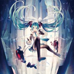 Rule 34 | 1girl, aqua eyes, boots, detached sleeves, flying, hatsune miku, hatsune miku (append), highres, ixima, long hair, miniskirt, necktie, skirt, solo, thigh boots, thighhighs, twintails, v, very long hair, vocaloid, vocaloid append