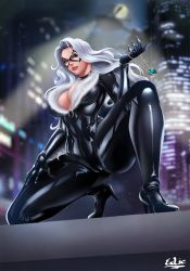 Rule 34 | 1girl, aircraft, artist name, black cat (marvel), blue eyes, bodysuit, breasts, city lights, domino mask, exlic, felicia hardy, fur trim, helicopter, high heels, highres, jewelry, kneeling, large breasts, lipstick, long hair, makeup, marvel, mask, necklace, night, outdoors, skin tight, solo, spider-man (series), white hair