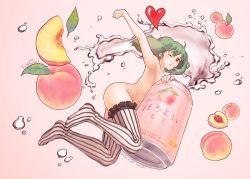 Rule 34 | 1girl, ;o, abstract, ahoge, arm up, armpits, ass, can, drink can, food, fruit, green hair, heart, macross, macross frontier, nude, one eye closed, peach, ranka lee, red eyes, soda can, striped clothes, striped thighhighs, thighhighs, vertical-striped clothes, vertical-striped thighhighs, yuleowl