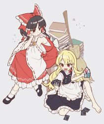 Rule 34 | 100th black market, 2girls, ability card (touhou), apron, bare shoulders, barefoot, black footwear, black hair, black skirt, black vest, blonde hair, blush, book, bow, broom, card, closed mouth, commentary, detached sleeves, frilled apron, frilled skirt, frills, hair bow, hair tubes, hakurei reimu, highres, holding, holding card, japanese clothes, jill 07km, kirisame marisa, long hair, multiple girls, no headwear, nontraditional miko, open mouth, red bow, red eyes, red skirt, ribbon-trimmed sleeves, ribbon trim, shirt, shoes, short sleeves, sidelocks, skirt, smile, socks, symbol-only commentary, touhou, vest, waist apron, white apron, white shirt, white sleeves, white socks, wide sleeves, yellow eyes