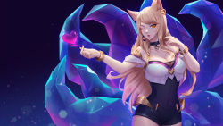 Rule 34 | 1girl, ahri (league of legends), alternate costume, alternate hair color, animal ears, bare shoulders, blonde hair, bracelet, breasts, cleavage, collarbone, covered navel, detached collar, facial mark, fox ears, fox girl, fox tail, hair ornament, heart, highres, jewelry, k/da (league of legends), k/da ahri, kezi, large breasts, league of legends, long hair, looking at viewer, multiple tails, navel, popstar ahri, simple background, solo, tail, whisker markings, yellow eyes