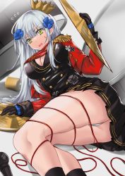 Rule 34 | 1girl, ass, bare legs, black gloves, blue hair, blush, breasts, crown, girls&#039; frontline, gloves, green eyes, highres, hk416 (girls&#039; frontline), hk416 (percussive bolero) (girls&#039; frontline), holding, holding instrument, instrument, long hair, looking at viewer, lying, medium breasts, official alternate costume, on side, open mouth, panties, pantyshot, persocon93, simple background, socks, solo, thighs, underwear, uniform, white panties