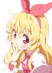 Rule 34 | 1girl, aikatsu!, aikatsu! (series), blonde hair, blush, closed mouth, collared shirt, commentary request, fingernails, food, food on face, hair between eyes, hair ribbon, hairband, hand to own mouth, hand up, hoshimiya ichigo, jacket, long hair, necktie, puffy short sleeves, puffy sleeves, red eyes, red hairband, red necktie, red ribbon, revision, ribbon, shirt, short sleeves, simple background, solo, upper body, white background, white jacket, white shirt, wrist cuffs, yuuzii