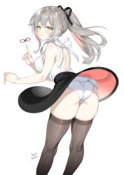 Rule 34 | 1girl, ass, banned artist, black skirt, black thighhighs, breasts, green eyes, grey hair, highres, infinity symbol, leaning forward, looking at viewer, looking back, midori foo, original, panties, ponytail, skirt, sleeveless, solo, thick thighs, thighhighs, thighs, turning head, underwear, upskirt