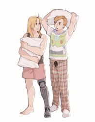 Rule 34 | 2boys, alphonse elric, automail, barefoot, black shirt, blonde hair, brothers, buzz lightyear, commentary, disney, edward elric, full body, fullmetal alchemist, image sample, long hair, looking at viewer, male focus, multiple boys, open mouth, pants, pillow, pixar, shirt, short hair, shorts, siblings, simple background, sleeveless, smile, socks, standing, toy story, tumblr sample, white background, white shirt