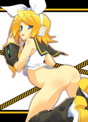 Rule 34 | 1girl, ass, bent over, blue eyes, boots, bottomless, caution tape, detached sleeves, hair ornament, hair ribbon, hairclip, headset, hermmy, kagamine rin, kneeling, no panties, no pussy, ribbon, school uniform, serafuku, short hair, solo, vocaloid
