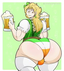 Rule 34 | 1boy, alcohol, alduinafterdark, ambush (trap), ass, beer, beer mug, blonde hair, clover hair ornament, cup, dio brando, fangs, four-leaf clover earrings, four-leaf clover hair ornament, green lips, green nails, hair ornament, heart, highres, holding, holding cup, huge ass, jojo no kimyou na bouken, looking down, male focus, mug, saint patrick&#039;s day, smile, solo, thighhighs, vampire, white thighhighs