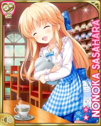 Rule 34 | 1girl, apron, blue bow, blue dress, bow, bowtie, breasts, brown eyes, cafe, card (medium), chair, checkered apron, checkered clothes, closed eyes, cup, dress, girlfriend (kari), indoors, large breasts, light brown hair, long hair, looking at viewer, official art, open mouth, qp:flapper, sasahara nonoka, shirt, smile, standing, table, tagme, teacup, waitress, white shirt, wooden floor