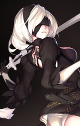 Rule 34 | 1girl, ass, bad id, bad twitter id, blindfold, breasts, close-up, frostking, hairband, highres, leotard, lips, mole, mole under mouth, nier (series), nier:automata, short hair, solo, sword, weapon, white hair, white leotard, 2b (nier:automata)