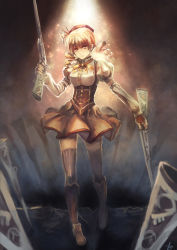 Rule 34 | 10s, 1girl, backlighting, beret, blonde hair, boots, brown thighhighs, bryanth, detached sleeves, drill hair, field of blades, fingerless gloves, gloves, gun, hair ornament, hairpin, hat, highres, magical girl, magical musket, mahou shoujo madoka magica, mahou shoujo madoka magica (anime), patterned legwear, pinstripe pattern, pleated skirt, puffy sleeves, ribbon, rifle, short hair, skirt, solo, striped clothes, striped thighhighs, thighhighs, tomoe mami, twin drills, twintails, vertical-striped clothes, vertical-striped thighhighs, weapon, yellow eyes, zettai ryouiki