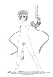 Rule 34 | 1girl, arc system works, barefoot, beret, blazblue, breasts, cleft of venus, collarbone, detached sleeves, dual wielding, finger on trigger, full body, graphite (medium), greyscale, gun, handgun, harumachi nagaaki, hat, highres, holding, monochrome, navel, nipples, noel vermillion, nude, pistol, pussy, ribbon, short hair, small breasts, solo, standing, tiptoes, traditional media, uncensored, weapon