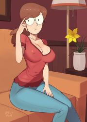Rule 34 | 1girl, barleyshake, blue pants, breasts, cleavage, couch, covered erect nipples, david&#039;s mother (hilda), feet out of frame, flower, glasses, hand up, highres, hilda (series), index finger raised, lamp, large breasts, pants, plant, potted plant, red shirt, round eyewear, shirt, short sleeves, signature, solo, yellow flower