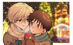 Rule 34 | 2boys, absurdres, ahoge, artist name, blue eyes, blush, border, brown hair, brown jacket, brown mittens, brown scarf, christmas, christmas lights, christmas tree, commentary, cup, ear blush, green scarf, grey hair, hands up, hashimo99187365, height difference, highres, holding, holding cup, ikari shinji, jacket, looking at another, mittens, mug, multiple boys, nagisa kaworu, neon genesis evangelion, nose blush, open mouth, red eyes, scarf, short hair, star (symbol), white border, yaoi
