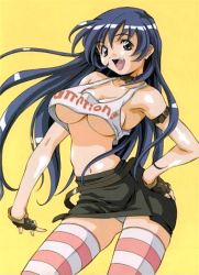 Rule 34 | 1girl, amano yo-ki, armband, armpits, ass, ass grab, bare shoulders, belt, blue hair, breasts, cleavage, collar, crop top, fang, fingernails, grey eyes, jpeg artifacts, large breasts, long fingernails, long hair, midriff, miniskirt, navel, no bra, open mouth, panties, pantyshot, pencil skirt, pink thighhighs, shiny skin, sideboob, simple background, skirt, solo, standing, strap, striped clothes, striped thighhighs, tank top, thighhighs, underboob, underwear, white panties, white thighhighs