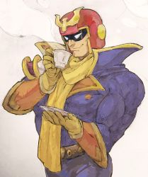 Rule 34 | 1boy, bad id, bad pixiv id, captain falcon, cup, f-zero, gloves, grey background, helmet, male focus, manly, muscular, nintendo, outsuki, saucer, scarf, simple background, smile, solo, tea