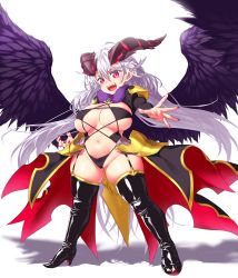 Rule 34 | 1girl, boots, breasts, curvy, demon girl, fangs, fingernails, high heel boots, high heels, highres, horns, huge breasts, long hair, looking at viewer, nail polish, navel, onsoku inu, original, pink eyes, plump, pointy ears, purple wings, silver hair, simple background, smile, solo, thigh boots, thighhighs, very long hair, white background, wings