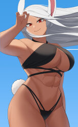 1girl abs animal_ears armpits bikini black_bikini blue_background boku_no_hero_academia breasts cleavage criss-cross_straps dark-skinned_female dark_skin floating_hair hand_up highres kritta88 large_breasts layered_bikini long_eyelashes long_hair looking_at_viewer mirko navel parted_bangs rabbit_ears rabbit_girl red_eyes smile solo stomach swimsuit thick_thighs thighs toned_female very_long_hair white_hair