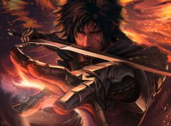 Rule 34 | 1boy, artist name, black cape, black hair, cape, clive rosfield, commentary, embers, facial hair, facial tattoo, fighting stance, final fantasy, final fantasy xvi, fire, gauntlets, high collar, holding, holding sword, holding weapon, jacket, male focus, messy hair, outstretched hand, safaia, short hair, solo, sword, symbol-only commentary, tattoo, upper body, weapon