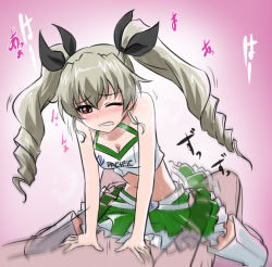 Rule 34 | 10s, 1boy, 1girl, anchovy (girls und panzer), blush, clothed female nude male, clothed sex, cowgirl position, girl on top, girls und panzer, green hair, hair ornament, hetero, nude, one eye closed, red eyes, ribbon, ribimura, sex, skirt, straddling, text focus, twintails, wink