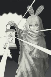 Rule 34 | 1girl, absurdres, black background, cloak, failose, feathers, frown, greyscale, highres, holding, holding lantern, hololive, hololive english, hood, hooded cloak, lantern, light, long hair, looking at viewer, monochrome, multicolored hair, mumei (song) (hololive), nanashi mumei, streaked hair, very long hair, virtual youtuber, wide sleeves