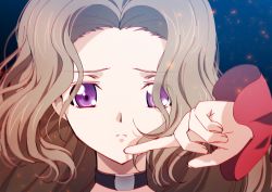 Rule 34 | 1girl, brown hair, choker, closed mouth, code geass, creayus, forehead, hand up, long sleeves, looking at viewer, m&amp;m (mickey and mackey), nunnally vi britannia, parted bangs, portrait, purple eyes, sad, solo
