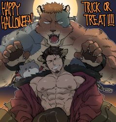 Rule 34 | 2boys, abs, artist self-insert, bara, bare pectorals, brown pants, bulge, cat, character request, claw pose, cosplay, demon boy, demon horns, demon tail, facial hair, frankenstein&#039;s monster, frankenstein&#039;s monster (cosplay), furry, furry male, goatee, halloween, halloween costume, horns, large pectorals, male focus, multiple boys, muscular, muscular male, navel, nipples, one eye closed, pants, pectorals, psycho-pass, topless male, short hair, sideburns, stomach, sugo6969, sweatdrop, tail, undressing, wolf boy