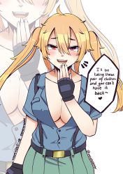 Rule 34 | 1girl, absurdres, alternate costume, aoshidan school uniform, bad id, bad pixiv id, belt, black belt, black gloves, blonde hair, blue shirt, breasts, cleavage, commentary, commission, cosplay, covered erect nipples, english commentary, english text, fangs, fingerless gloves, girls&#039; frontline, girls und panzer, gloves, green skirt, hair between eyes, half-closed eyes, hand to own mouth, heart, highres, large breasts, long hair, looking at viewer, m870 (girls&#039; frontline), messy hair, notice lines, open mouth, partially unbuttoned, red eyes, school uniform, shirt, simple background, skirt, smile, solo, standing, suspender skirt, suspenders, twintails, twitter username, weeabsteer, white background, zoom layer