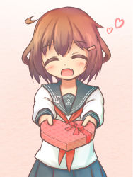 Rule 34 | 10s, 1girl, ^ ^, bad id, bad pixiv id, blush, box, brown hair, closed eyes, commentary request, closed eyes, fang, hair ornament, hairclip, heart, heart-shaped box, ikazuchi (kancolle), incoming gift, kantai collection, ki hadachi, neckerchief, open mouth, red neckerchief, school uniform, serafuku, short hair, solo, valentine