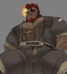 Rule 34 | 1boy, abs, bad id, bad twitter id, bara, blush, bulge, dark-skinned male, dark skin, erection, erection under clothes, eyebrow cut, feet out of frame, flaming eye, from below, hephaestus (housamo), highres, large pectorals, looking at viewer, male focus, mature male, muscular, muscular male, nipples, open jumpsuit, pants, pants rolled up, pectoral cleavage, pectorals, red eyes, scar, scar on chest, short hair, solo, thick eyebrows, thick thighs, thighs, tokyo houkago summoners, tora (toratgy), unfinished, very dark skin