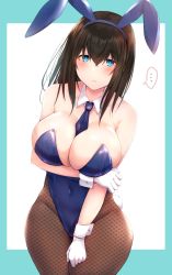 Rule 34 | 1girl, @ @, animal ears, aqua border, arm under breasts, bare shoulders, black hair, black necktie, blue eyes, blue hairband, blue leotard, blue necktie, blush, border, breasts, cleavage, closed mouth, commentary, cowboy shot, curvy, detached collar, fake animal ears, fishnet pantyhose, fishnets, frown, gloves, hairband, highres, idolmaster, idolmaster cinderella girls, kyuunosuke (lactis09), large breasts, leotard, long hair, looking at viewer, necktie, outside border, pantyhose, playboy bunny, rabbit ears, rabbit tail, sagisawa fumika, solo, standing, strapless, strapless leotard, tail, thick thighs, thighs, white background, white gloves, wide hips