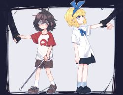 Rule 34 | 2girls, 2others, absurdres, among us, arm at side, bangs, black footwear, black skirt, blind, blind girl (popopoka), blonde girl (popopoka), blue bow, blue bowtie, blue eyes, blue hairband, body freckles, bow, bowtie, brown hair, brown shorts, cane, child, collarbone, female child, freckles, from side, full body, grey background, grey eyes, hairband, highres, holding hands, looking up, medium hair, messy hair, miniskirt, multiple girls, multiple others, original, pleated skirt, popopoka, raglan sleeves, red shirt, shirt, short hair, shorts, skirt, socks, striped, striped socks, two-tone shirt, white shirt, white socks, aged down