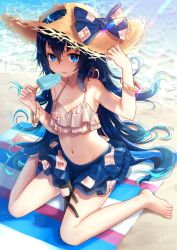 Rule 34 | 1girl, adapted costume, armpits, bad id, bad pixiv id, bare arms, bare legs, bare shoulders, barefoot, beach, beach towel, bikini, bikini skirt, blue bow, blue eyes, blue hair, bow, bracelet, collarbone, day, debt, food, full body, halterneck, hand on headwear, hands up, hat, hat bow, highres, holding, holding food, ice cream, jewelry, long hair, looking at viewer, navel, nunucco, open mouth, outdoors, sand, sitting, solo, stomach, straw hat, stuffed animal, stuffed cat, stuffed toy, summer, swimsuit, toes, torn clothes, torn hat, touhou, towel, very long hair, wariza, water, yorigami shion