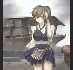 Rule 34 | 10s, 1girl, aircraft carrier, anti-aircraft, anti-aircraft gun, blouse, breasts, brown hair, cherry blossoms, fiction (forged), highres, historical name connection, japanese clothes, kaga (aircraft carrier), kaga (kancolle), kantai collection, military, military vehicle, muneate, name connection, object namesake, petals, pillarboxed, revision, ship, shipyard, shirt, short hair, side ponytail, skirt, smile, solo, warship, water, watercraft