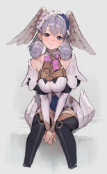 Rule 34 | 1girl, absurdres, bare shoulders, between legs, black thighhighs, blue eyes, breasts, closed mouth, curly hair, dress, feathered wings, grey hair, hand between legs, head wings, highres, large breasts, long hair, long sleeves, looking at viewer, melia antiqua, o-ring, short dress, sitting, smile, sooon, thighhighs, twitter username, white dress, wings, xenoblade chronicles (series), xenoblade chronicles 1
