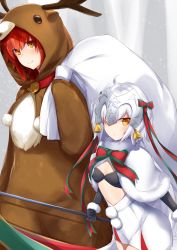 Rule 34 | 2girls, absurdres, ahoge, alternate costume, animal costume, bell, bikini, bikini top only, black gloves, blush, bow, bowtie, breasts, capelet, cleavage, cowboy shot, elbow gloves, fate/grand order, fate (series), fujimaru ritsuka (female), fur trim, gloves, hair bow, headpiece, highres, holding, holding weapon, jeanne d&#039;arc (fate), jeanne d&#039;arc alter santa lily (fate), leaning forward, long hair, looking at viewer, multiple girls, nanakaku, polearm, pom pom (clothes), red hair, reindeer costume, ribbon, sack, skirt, small breasts, smile, snowing, star (symbol), swimsuit, very long hair, weapon, white hair, yellow eyes