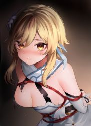 Rule 34 | 1girl, arms behind back, bdsm, blonde hair, blush, bondage, bound, bound arms, breasts, brown background, brown eyes, cleavage, closed mouth, detached sleeves, dress, flower, genshin impact, gradient background, hair flower, hair ornament, highres, long sleeves, looking at viewer, lumine (genshin impact), neit ni sei, nose blush, photoshop (medium), shibari, shibari over clothes, short hair with long locks, sidelocks, solo, torn clothes, torn dress, upper body, v-shaped eyebrows, white dress, white flower