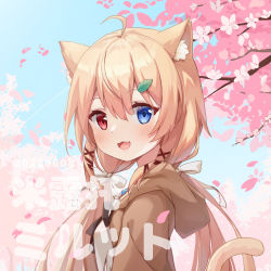 Rule 34 | 1girl, :3, :d, absurdres, ahoge, animal ear fluff, animal ears, blonde hair, blue eyes, blue sky, blush, bow, cat ears, cat girl, cat tail, cherry blossoms, eleven-sora, hair bow, hair ornament, hair over shoulder, hair ribbon, heterochromia, highres, hood, hood down, leaf hair ornament, long hair, looking at viewer, low twintails, open mouth, original, outdoors, red eyes, ribbon, sky, smile, solo, tail, tail raised, twintails, white bow, white ribbon, x hair ornament