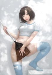 Rule 34 | 1girl, blue shirt, blue thighhighs, bottomless, breasts, broom, brown eyes, brown hair, commentary request, dappled sunlight, groin, hair ornament, hairclip, holding, holding broom, lips, looking at viewer, looking to the side, medium breasts, mujiha, no panties, original, over-kneehighs, parted lips, shirt, short hair, short sleeves, solo, stomach, sunlight, thighhighs, unconventional guitar