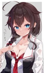 Rule 34 | 1girl, ahoge, black hair, black vest, blue eyes, braid, breasts, calin, cleavage, grey background, hair flaps, hair over shoulder, highres, kantai collection, large breasts, long hair, necktie, official alternate costume, red necktie, shigure (kancolle), shirt, single braid, solo, two-tone background, upper body, vest, white shirt