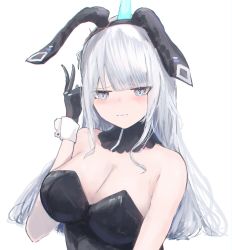 Rule 34 | 1girl, animal ears, blush, breasts, cleavage, embarrassed, fake animal ears, highres, large breasts, leotard, long hair, looking down, original, playboy bunny, rabbit ears, solo, v, white hair, wrist cuffs, yu-dachi