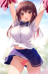 Rule 34 | arms up, blurry, blurry background, blush, breasts, censored, cheerleader, cloud, cloudy sky, hands up, large breasts, long hair, navel, no panties, open clothes, open mouth, open shirt, original, oryo (oryo04), pussy, ribbon, see-through, see-through shirt, shirt, skirt, sky, solo