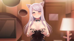 Rule 34 | 1girl, :3, animal ears, areola slip, bare shoulders, black bow, black bowtie, black leotard, blush, bow, bowtie, breasts, cat ears, closed mouth, covered navel, detached collar, grey hair, lamp, leotard, leotard pull, long hair, looking at viewer, medium breasts, original, pulled by self, purple eyes, shoron, smile, solo, strapless, strapless leotard, swept bangs, television, traditional bowtie, upper body