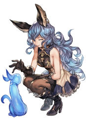 Rule 34 | 1girl, animal, animal ears, armpit crease, backless dress, backless outfit, blue hair, boots, breasts, brown gloves, closed eyes, closed mouth, dress, earrings, erune, ferry (granblue fantasy), frilled skirt, frills, geegee (granblue fantasy), ghost, gloves, granblue fantasy, hair between eyes, high heels, hungry clicker, jewelry, long hair, medium breasts, no bra, sideboob, simple background, single earring, skirt, sleeveless, smile, solo, squatting, thighhighs, wavy hair, white background