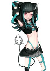 Rule 34 | 1girl, nanashi inc., absurdres, armpits, arms up, belt, belt bra, black hair, black jacket, black skirt, black thighhighs, blue belt, blue hair, blue panties, chest belt, clothing cutout, commentary request, cowboy shot, cropped jacket, cross-laced clothes, cross-laced sleeves, demon girl, demon horns, demon tail, fang, flat chest, garter straps, grey skirt, grin, highleg, highleg panties, highres, horns, jacket, layered skirt, long hair, long sleeves, looking at viewer, midriff, mugnefarious, multicolored hair, navel, open clothes, open jacket, panties, panty straps, pointy ears, red eyes, shishio chris, shoulder cutout, simple background, single thighhigh, skirt, smile, solo, sugar lyric, tail, thighhighs, two-tone hair, underwear, virtual youtuber, white background, zipper, zipper skirt
